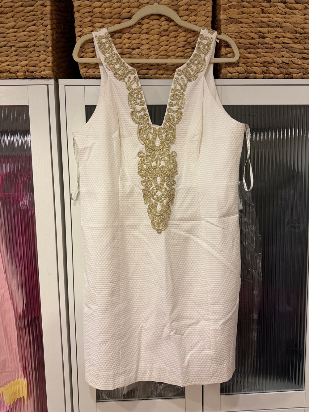 White Sleeveless Dress with Gold Embellished V-Neck